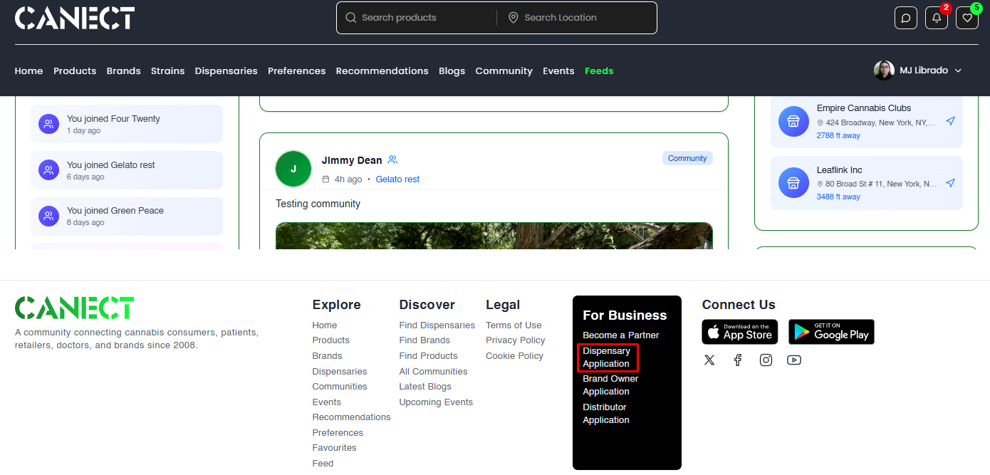 Footer section showing the Dispensary Application link under For Business