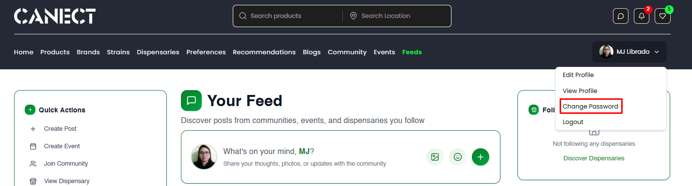 User menu showing Change Password option