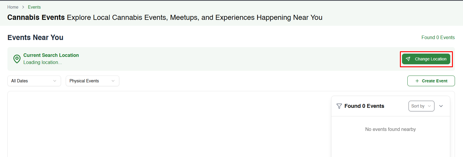 Events page showing the Change Location button