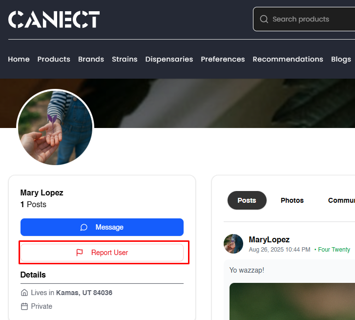User profile page highlighting the Report User button