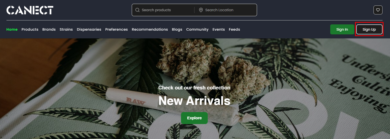 Homepage with the Sign Up button highlighted