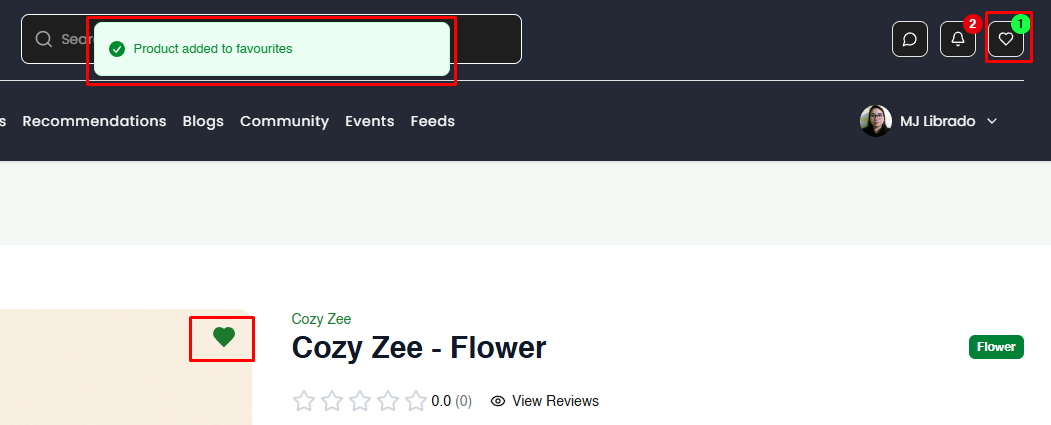 Notification banner confirming the product was added to favourites and a heart icon badge in the navigation bar
