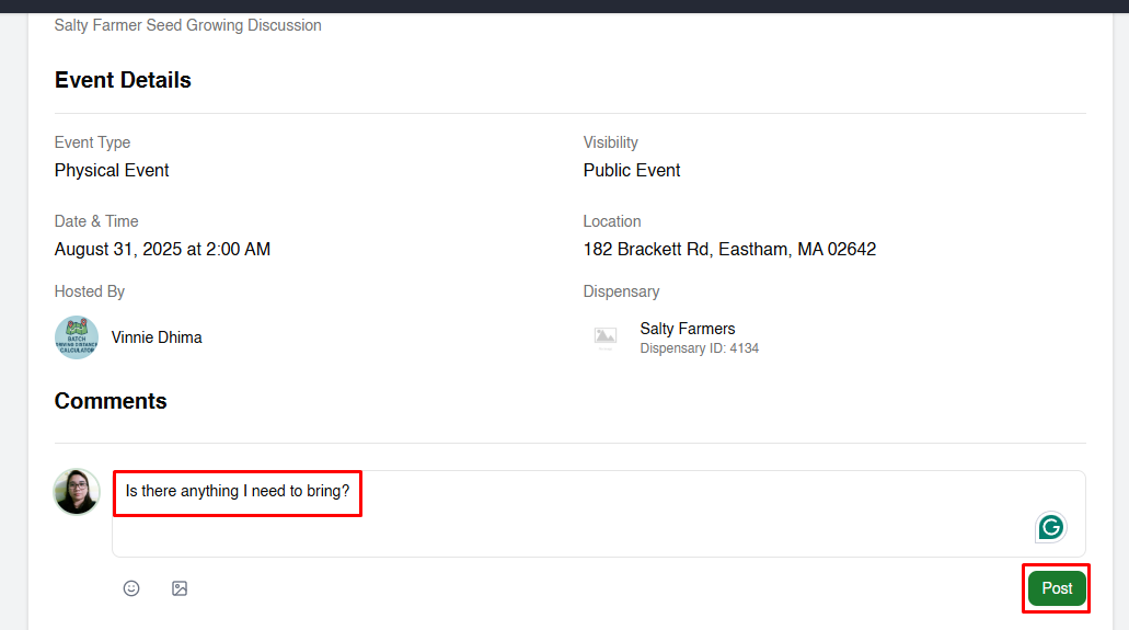 Event page showing a sample comment and the Post button