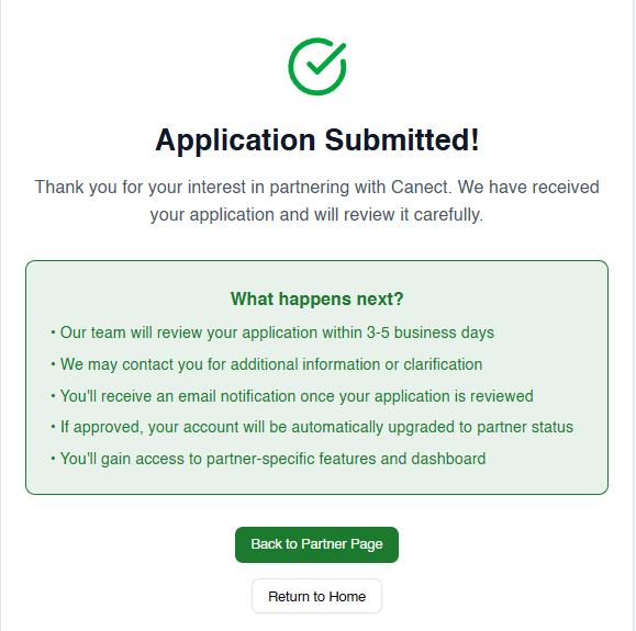 Confirmation page showing Application Submitted message and next steps