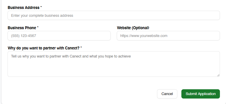 Lower part of the application form showing address, phone, website and motivation fields