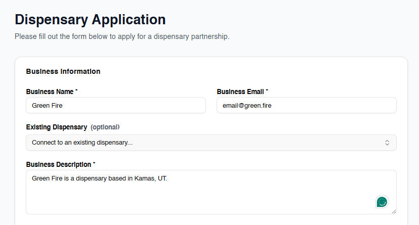 Top part of the Dispensary Application form with fields for Business Name, Business Email, Existing Dispensary and Business Description