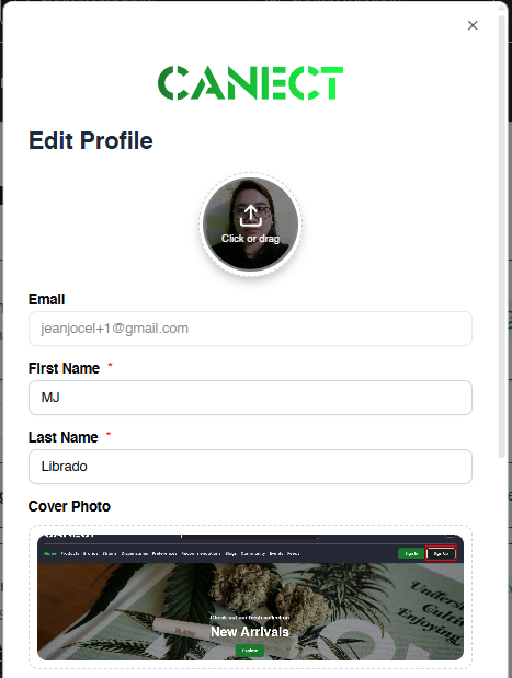Edit Profile popup with fields for name, email and cover photo