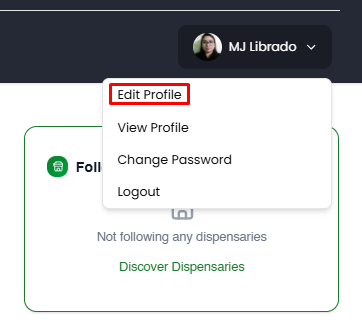 Profile dropdown showing the Edit Profile option