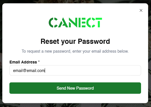 Reset your Password popup with email field and Send New Password button