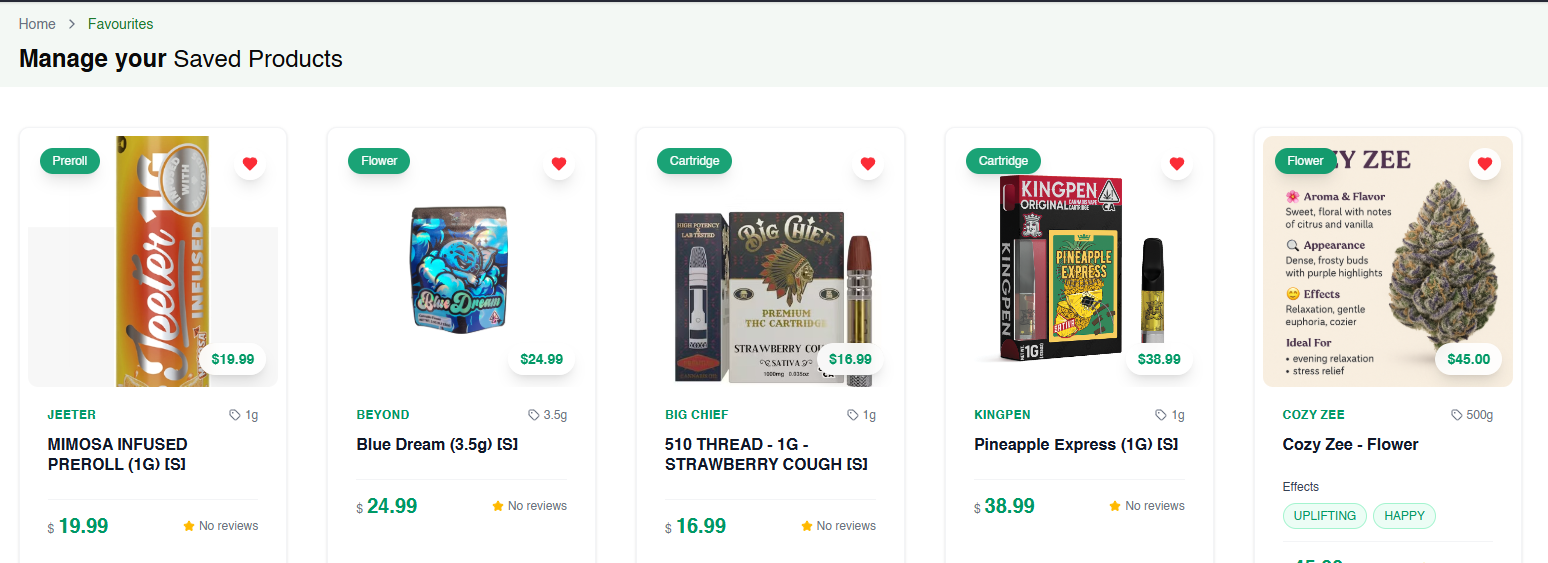 Favourites page listing saved products with filled heart icons