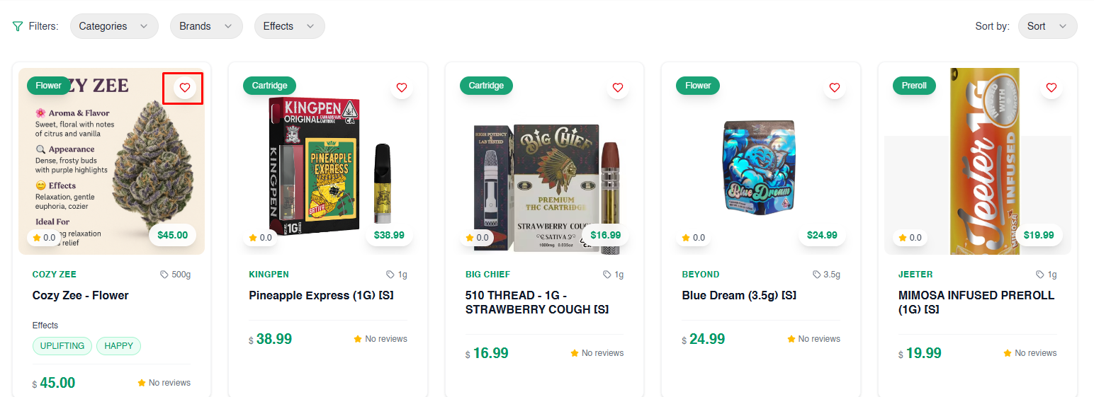 Product listings with heart icons for liking products
