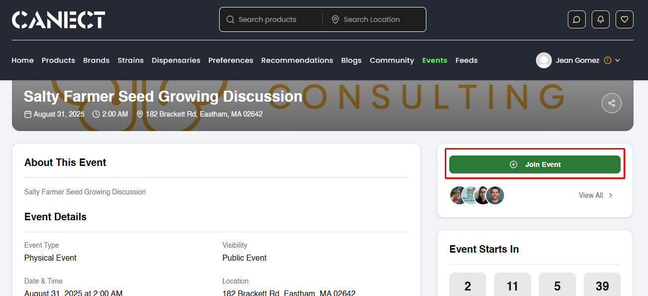 Event detail page with Join Event button