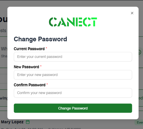 Change Password form with fields for current, new and confirm password