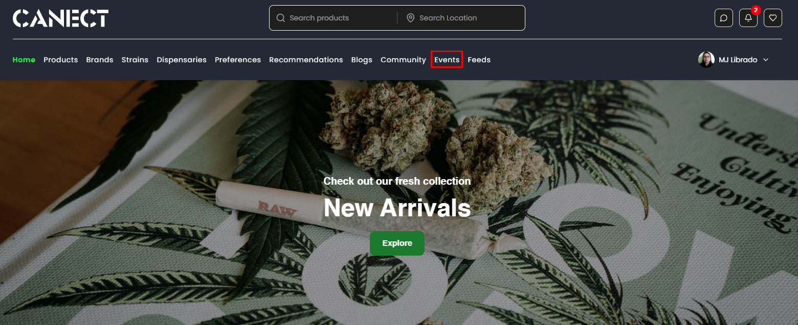 Navigation bar highlighting the Events tab