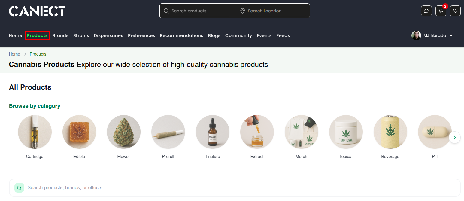 Products page showing categories and search bar