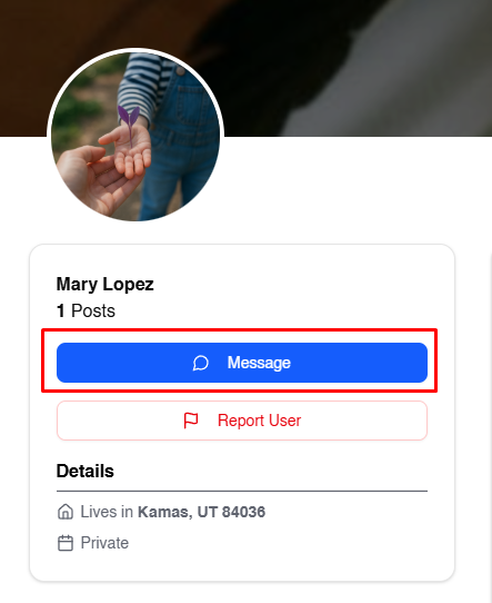 User profile page showing the blue Message button