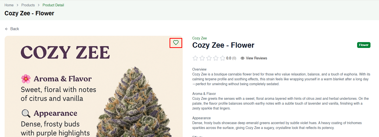 Detailed product page with heart icon to add the product to favourites