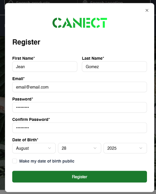 Registration popup with fields for name, email, password and date of birth