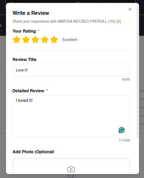 Popup review form with star rating, title and detailed review fields