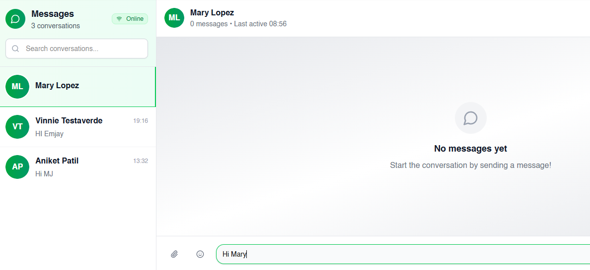 Messaging interface showing conversation list and empty conversation panel