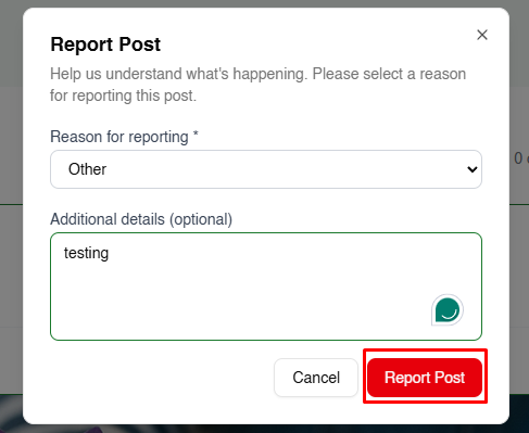 Completed report form with a reason selected, details entered and the Report Post button