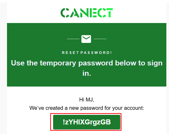 Email showing the temporary password provided for signing back in